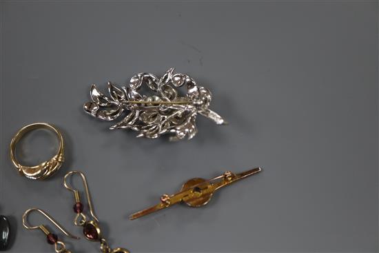 A modern 14k and two row diamond set dress ring, two pairs of costume earrings and a marcasite brooch.